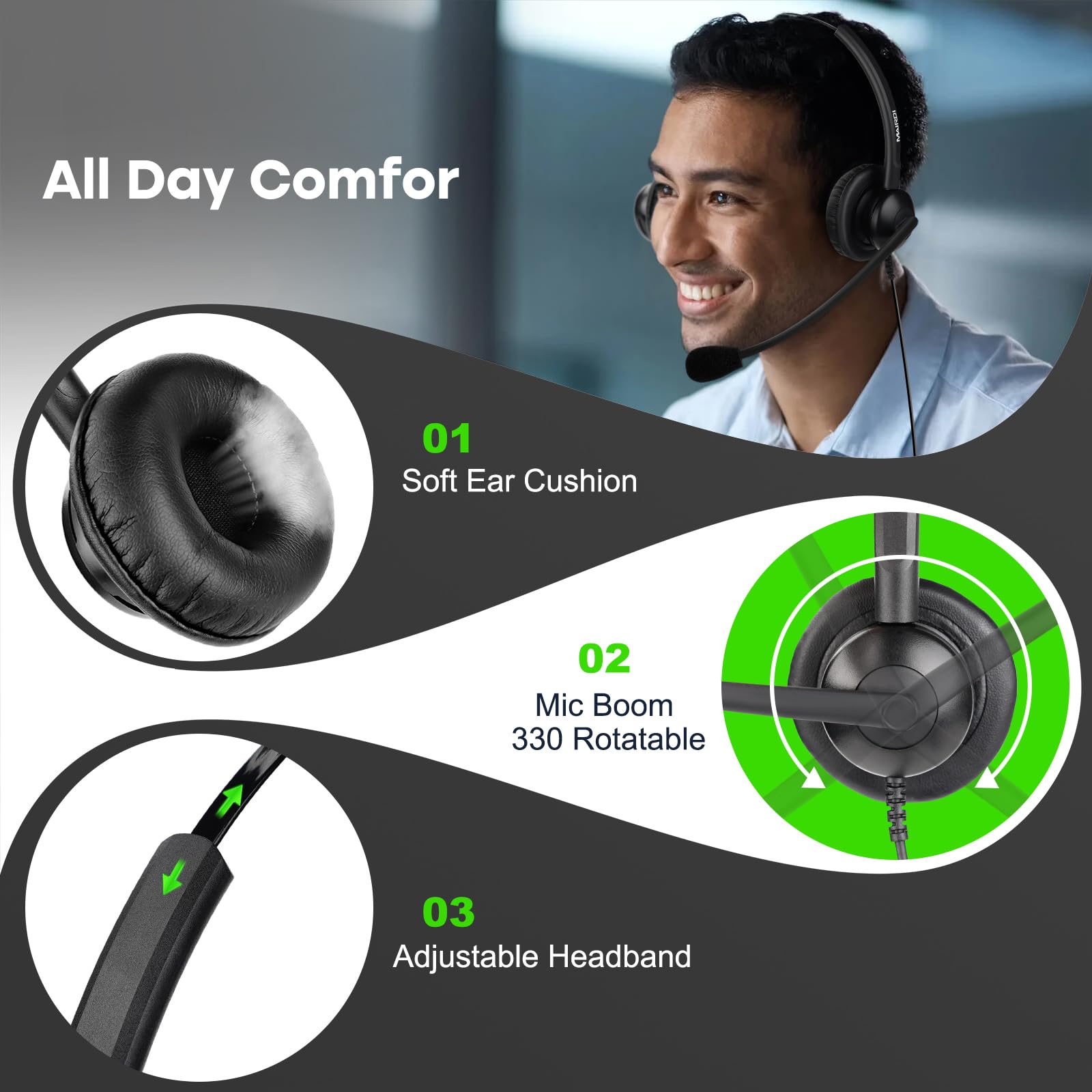 Mairdi Telephone Headset With Microphone Noise Canceling, Binaural Call Center Office Headphone With Rj9 Jack & 3.5Mm Connector